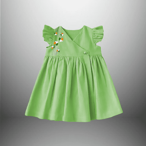 Girls Knee Length Frock with Frills and Tri-color Motif-RKFCW377 - Image 2